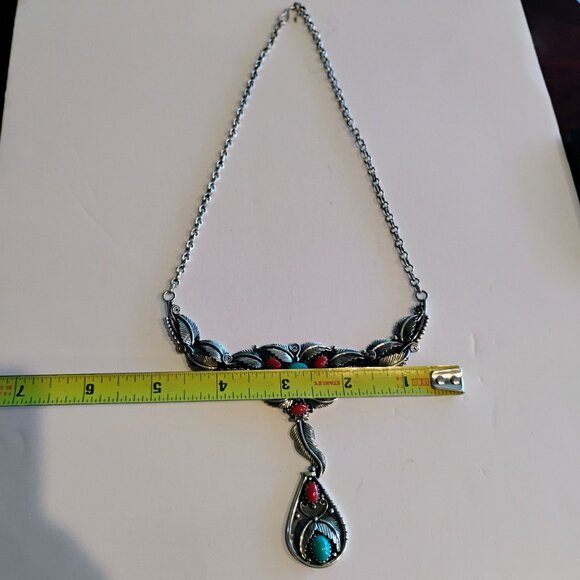 Southwest Native Style Sterling Silver Coral & Turquoise Feather Design Necklace - Picture 6 of 7